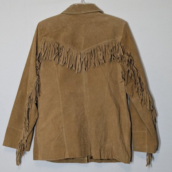 DENIM & CO. Tan Suede Leather Blazer Jacket w Fringe; Size L - Picture 4 of 6